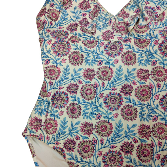 J. Crew Ruffle V Neck One Piece Swimsuit Floral Vine Block Print Sz 12 Pink Blue - Picture 5 of 14